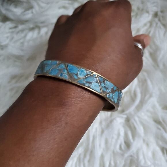 Vintage Brass Inlay Turquoise Chip Bangle Bracelet - Picture 4 of 8